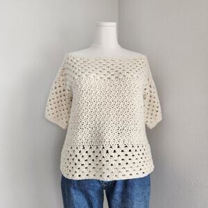 Handmade Cream Crochet Knit Short Sleeve Sweater Top Boho Cottagecore L